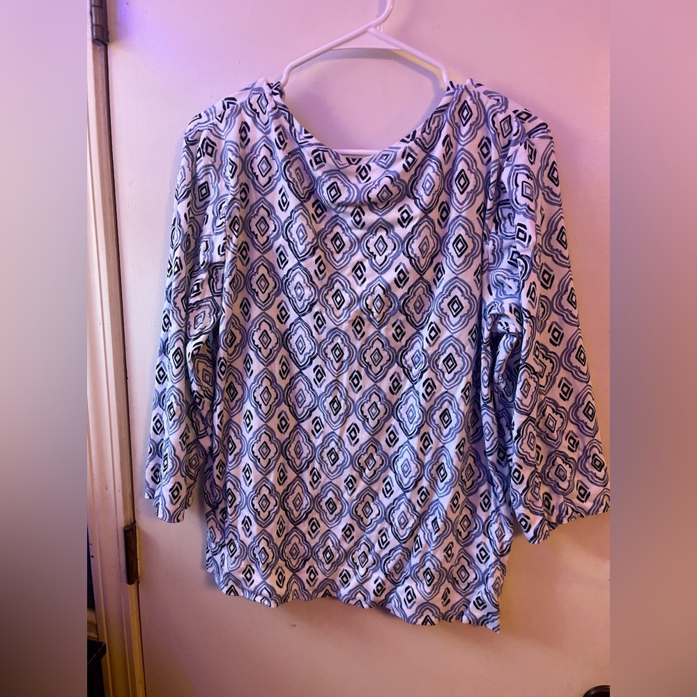 Chico’s Geometric Patterned Light Blue & Navy Women's Top Long Sleeve (3/XL)